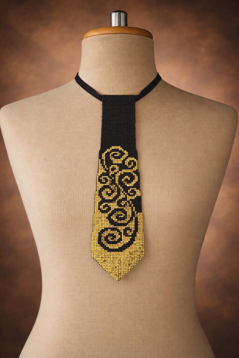 Beaded necklace tie on dress form with black strap and gold and black ornamental pattern against brown background