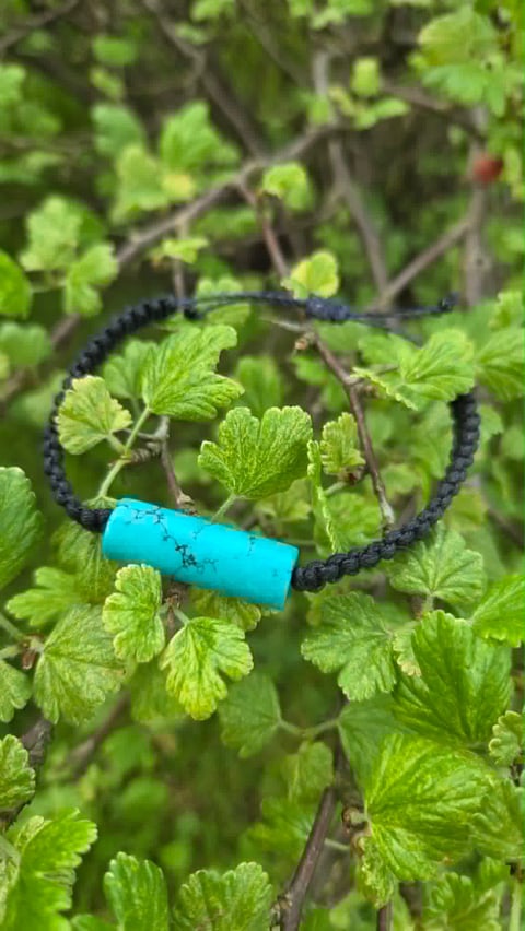 Black cord bracelet with turquoise cylindrical bead resting on green plant leaves and branches