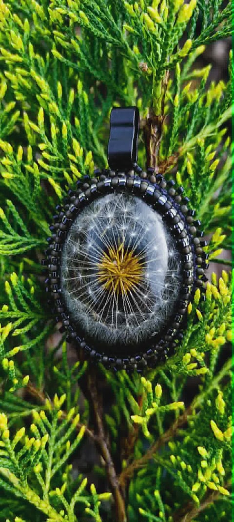 Black pendant necklace with oval resin charm containing dried dandelion seeds and yellow center, displayed against green foliage