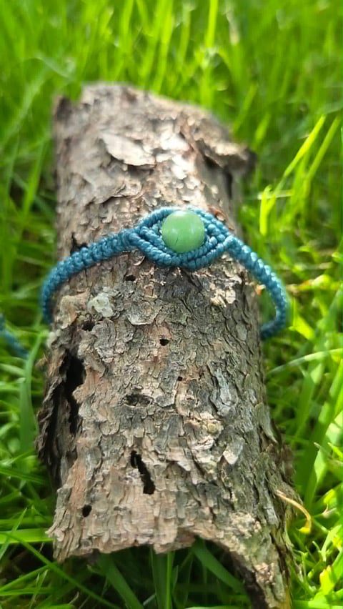 Bright blue lizard with green eye perched on gray tree branch surrounded by green grass