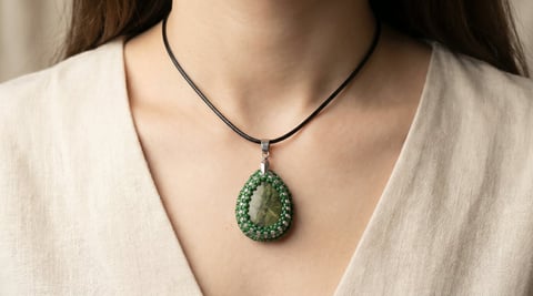 Woman wearing a green teardrop stone pendant on a thin black cord necklace